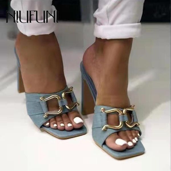 

slippers high heels square toe metal buckle muller shoes open hollow slip-on sandals women's summer pumps, Black