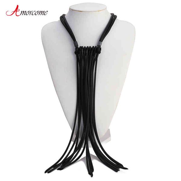 

amorcome handmade stylish long tassel statement necklace black rubber bib necklaces for women leather on neck jewelry wholesale, Silver