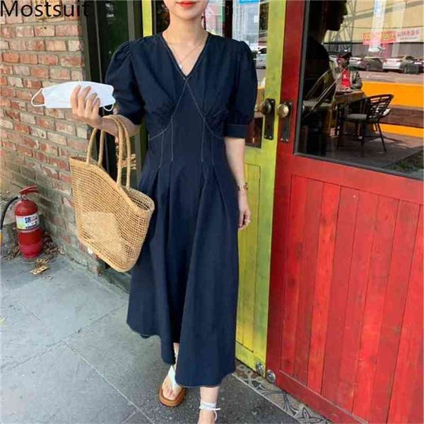Vintage coreano elegante v-pescoço longo maxi vestido vestidos mulheres manga folhada lace-up cinturão plissado forma vestidos casuais 210513