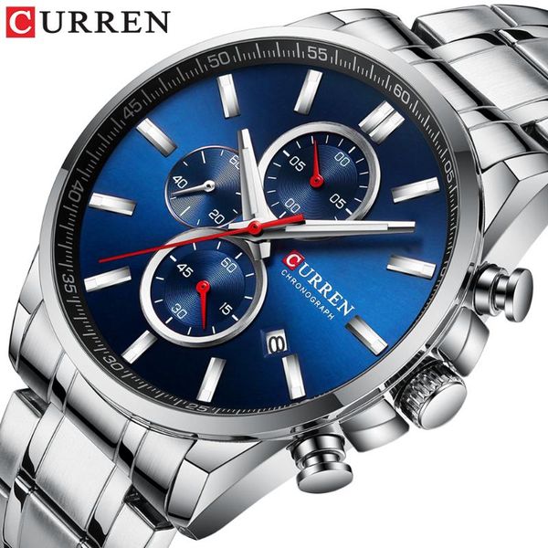 

wristwatches curren watches men's brand fashion sport chronograph quartz male watch stainless steel band date clock luminous pointers, Slivery;brown