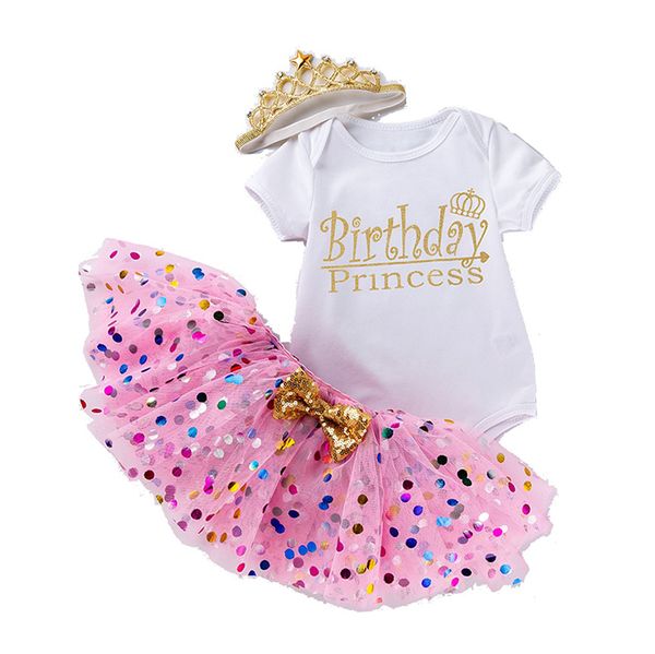 Moda bebê menina primeiro aniversário dot macacão saias 9 estilo 0-24 meses vestido de princesa infantil recém-nascido macacão de algodão + saia tutu de tule + faixa de cabeça = 3 unidades / conjunto