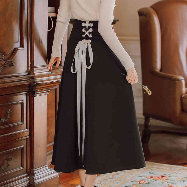 

skirts autumn female skirts lace up arch vintage retro-feminine skirt long 100% fallen cotton mujer fashion, Black
