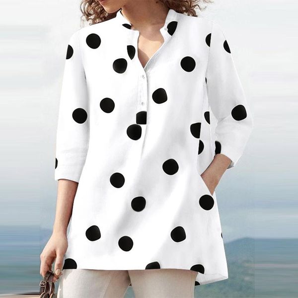 

women's blouses & shirts 2022 stylish casual 3/4 sleeve o neck loose chemise women baggy office tunic blusa autumn polka printed, White