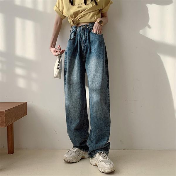 

women's jeans bf pants straight leg wrinkles women high waist loose autumn winter casual split washed fashion trousers, Blue