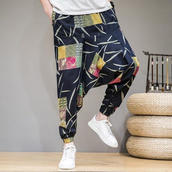 

men summer autumn bloomers male casual printed loose cotton harem pants big crotch hip hop baggy men's, Black