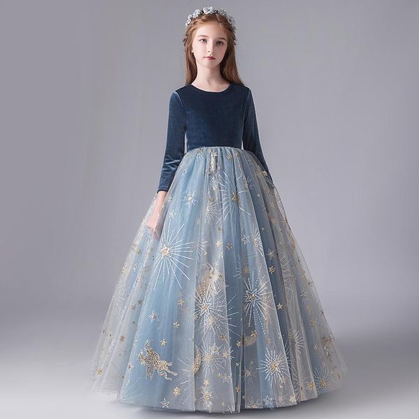 

girl's dresses o-neck ball gown sequin appliques floor-length tulle full sleeve kids party communion girl for weddings h114, Red;yellow