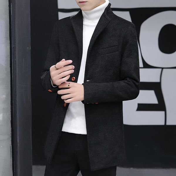 

men's wool & blends 2021 autumn/winter young korean casual coat small suit mens clothing long overcoat men, Black