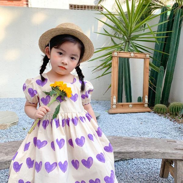 

girl's dresses 2021 summer korean style baby girls love printed dress cute puff sleeve toddlers kids square collar, Red;yellow