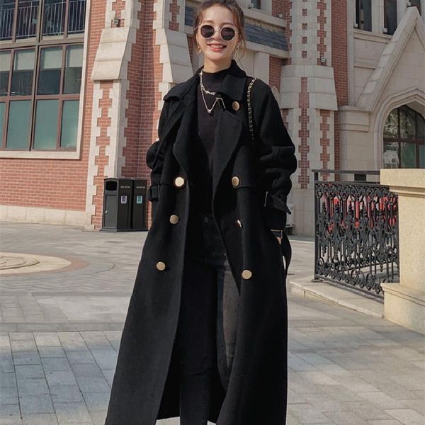 

women's wool & blends high-quality mid-length double-sided woolen coat for womens 2021 autumn winter fashion loose black manteau femme