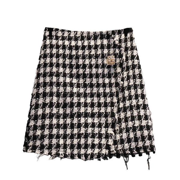 

skirts spring european england sweet ladies tassel one bottoms houndtooth tweed a-line plus siie women, Black