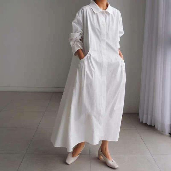 

casual dresses 2021 turn-down collar full sleeves single breasted white cotton shirt female vestido z523, Black;gray