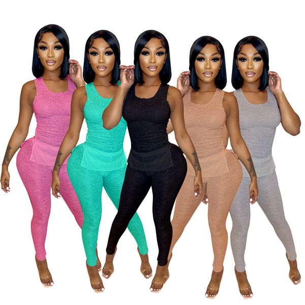

wholesale tracksuits for women knitted 2 piece set tank leggings solid clubwear split sweatsuits pants bulk 7155, Gray