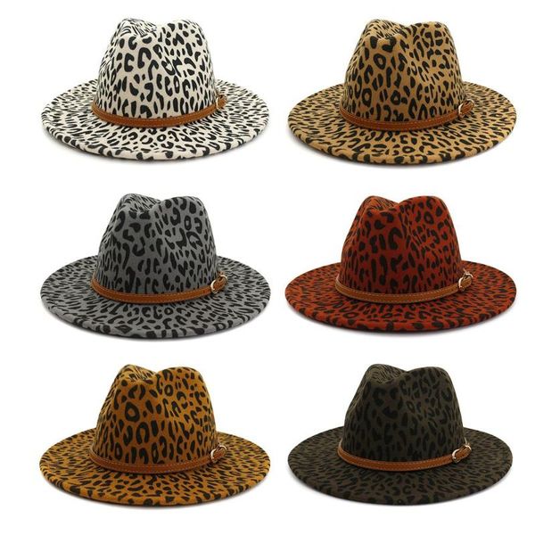 

wide brim hats women's fashion wool fedora with belt buckle leopard print panama hat vintage winter, Blue;gray