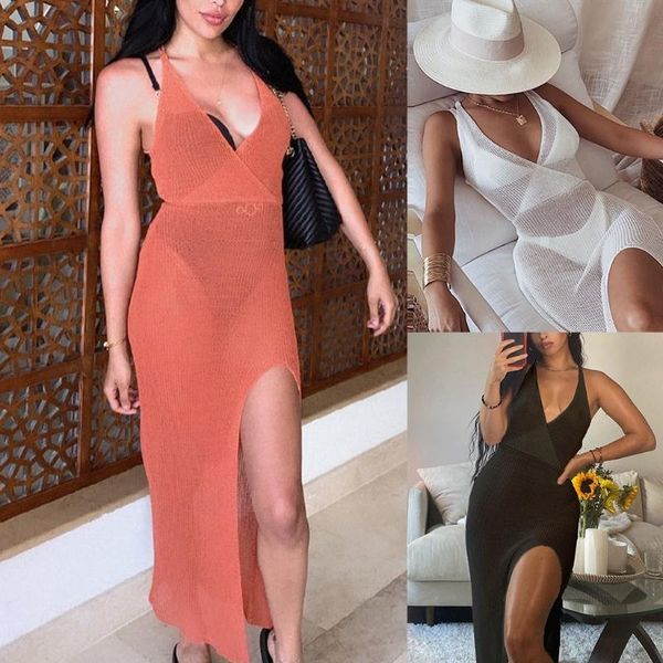 

women's swimwear a5kc women summer sleeveless swimsuit bikini cover up crochet knit sheer mesh beach dress backless split maxi, White;black