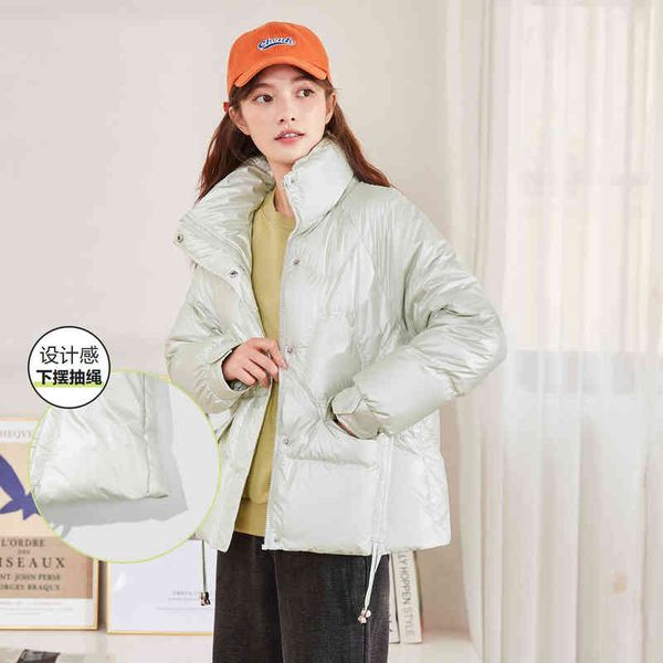 

2021 winter new bright face stand collar design sense white duck down drawstring loose coat simple down jacket women, Black