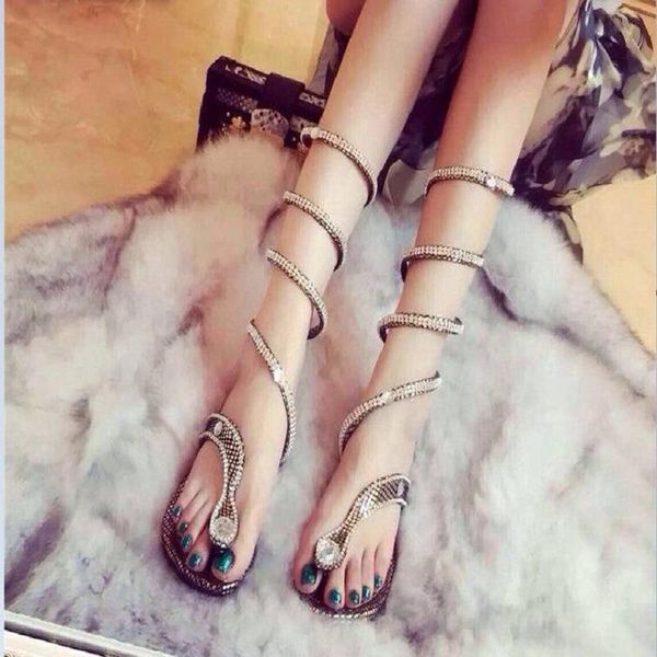 

european snake-shaped winding rhinestone shiny roman sandals with flat heel, Black