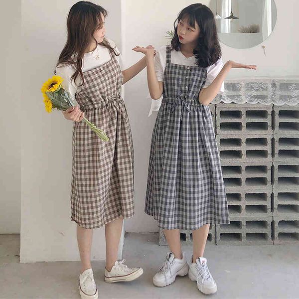 

2021 summer spaghetti strap plaid dress high waist sleeveless long women dress casual loose kawaii dresses lolita sundress, Black;gray