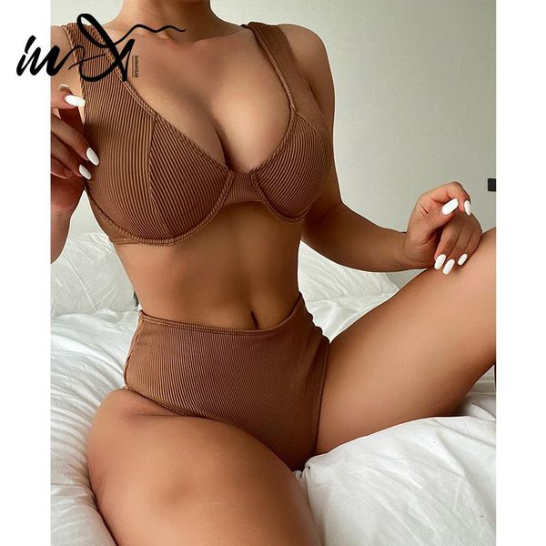 

women's swimwear in-x high waist bikini 2021 ribbed swimsuit swimming suit push up women solid bathing sport biquini, White;black