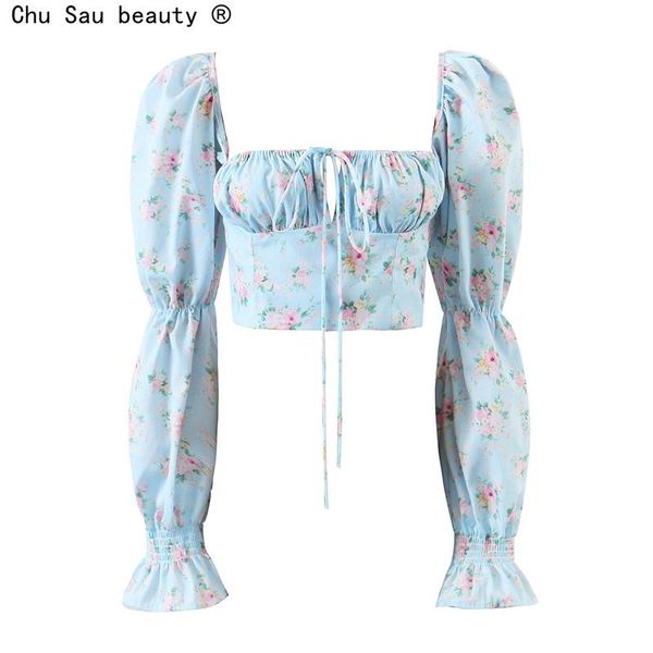 

women's blouses & shirts french vintage fresh floral blouse women 2021 summer fashion square collar lace-up lantern sleeve slim chi, White