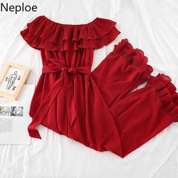 

ruffles jumpsuits women fashion slash neck short sleeve ladies playsuits elegant lace up slim waist beach bodysuit 1b185 210430, Black;white