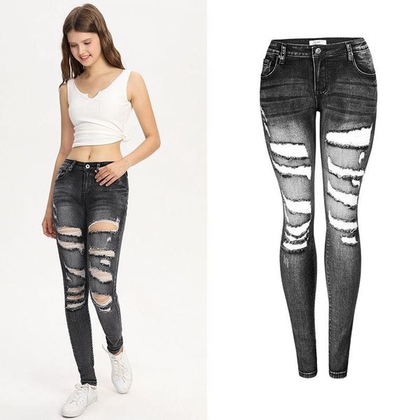 

women's jeans black stretchy ripped woman denim pencil pants small trouser leg for women skinny pockets vintage broken big size, Blue