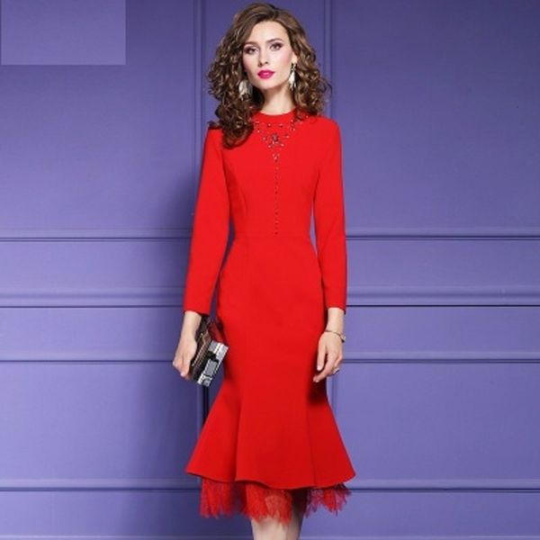 

casual dresses sleeves plus size women fishtail party dress vintage autumn office slim fitting solid long beading oj5s, Black;gray