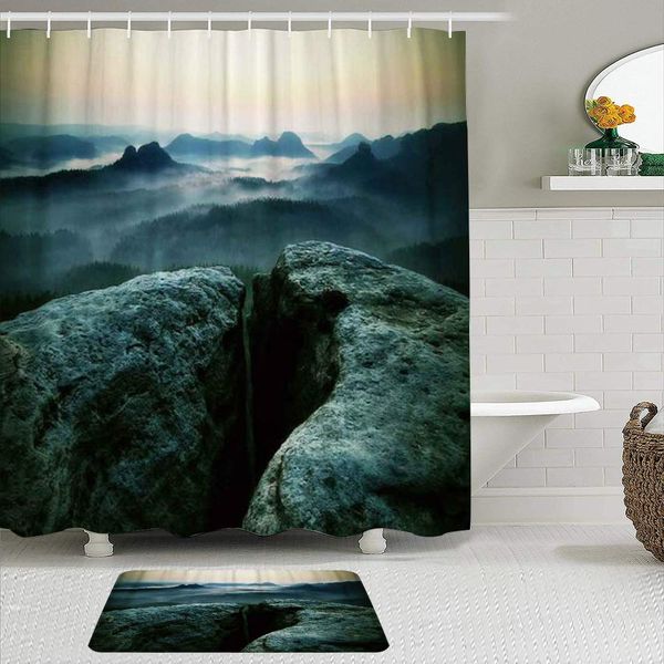 

fabric shower curtain and mats set,cold misty land in shadows,waterproof bath curtains with 12 hooks,non slip rugs