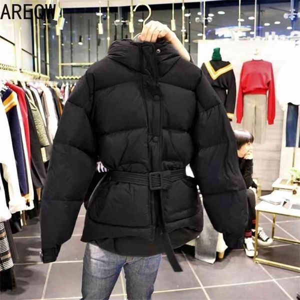 

women autumn winter jacket with belt cotton parkas hooded slim short white red pink black 210925