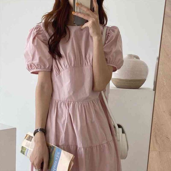 

women summer vintage puff sleeve long a-line dress ruffle slim waist brief solid color midi sundress, Black;gray