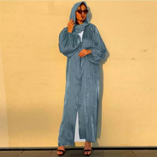 

ethnic clothing eid djellaba abaya dubai shiny soft puff sleeves muslim dress satin turkey islam abayas with belt wy56, Red