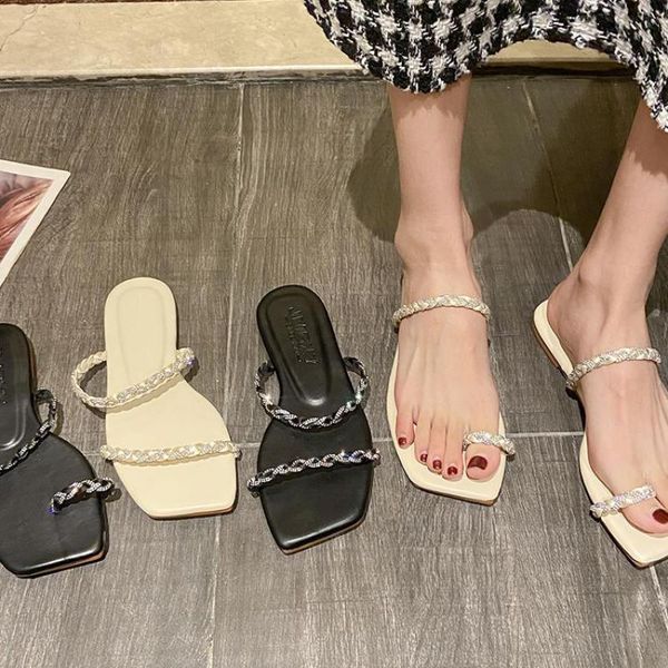 

slippers women diamond slides fashion square toe leather flats sandals female outdoor clip flip flops beach shoes, Black