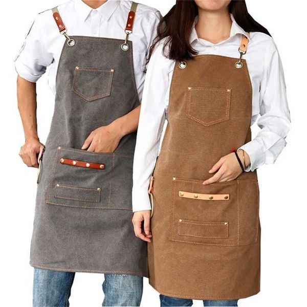 Tela grosso unisex aventais Bib Kitchen Aventais para mulheres Homens Café Barbeiro BBQ Uniforme 211222