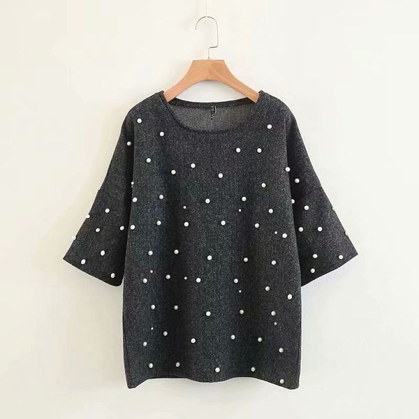 

women fashion autumn beading pullovers three quarter sleeve o neck plus size fleece sweatshirts hoodies xz2589 210525, Black