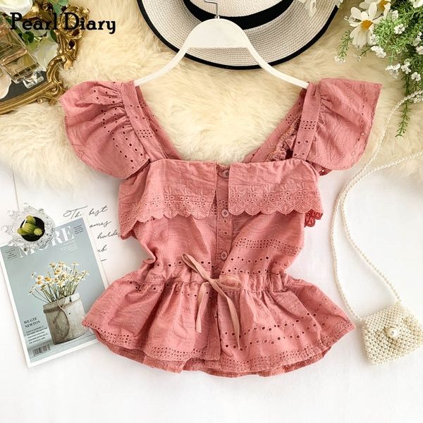 

pearl diary women cotton crop vest embroidery tie bow front sweet cute slash neck strappy flounce hem cotton beach vests new 210319, Black