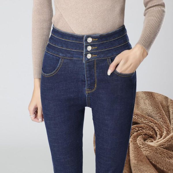 

women's jeans wkoud women high waist skinny winter fleece slim jean warm denim pencil pants fashion thicken trousers streetpants p3065, Blue