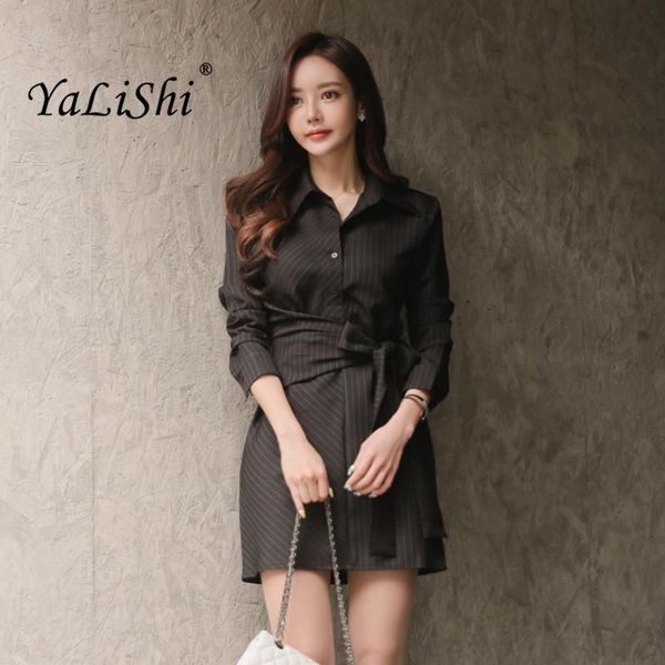 

casual dresses summer long sleeve sashes women dress black striped shirt office lady party vintage bandage mini sundress vestidos, Black;gray