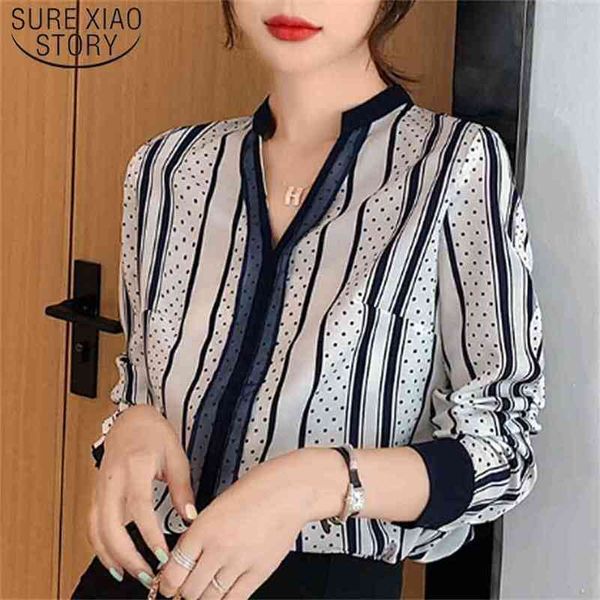 

casual long sleeve striped chiffon blouse women and elegant polka dot autumn shirt office lady 7017 50 210506, White