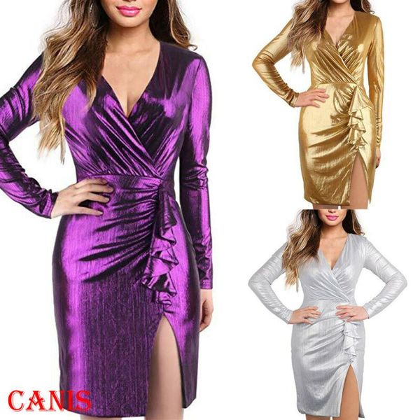 

style women sequin v-neck wrap mini dress lady bodycon evening party long sleeve casual dresses, Black;gray
