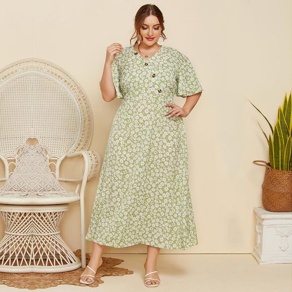 

casual dresses 2021 summer dress women buttons v neck ruffles short sleeve floral print plus size maxi long bohe beach, Black;gray