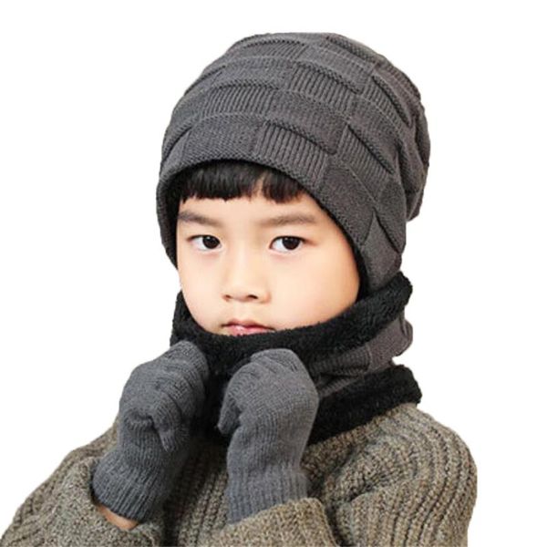 Зимняя детская шапка шарф перчатки 3 набор пищей дети открытыми теплые вязаные плюшевые шапки шарфы и сенсорные перчатки для мальчиков аксессуары