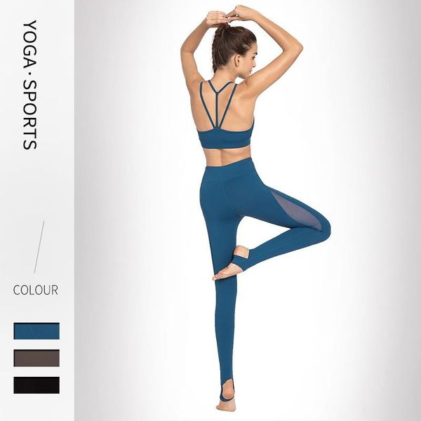 

spring summer solid color yoga set tight-fitting sports bra suit female mesh stitching gym running two-piece chandal mujer outfit