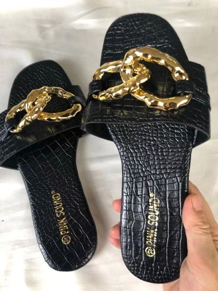 

slippers chain women summer open-toed sandals flat non-slip slides ladies beach shoes zapatillas de mujer claquette femme41, Black