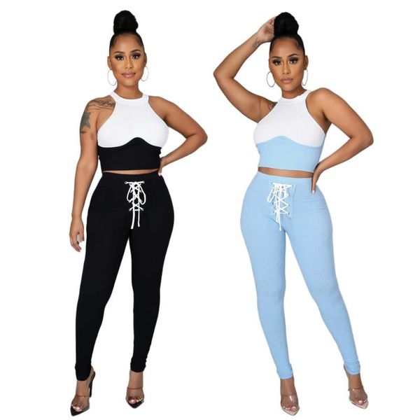 

women's two piece pants explosive fashion stitching contrast color tight-fitting summer sleeveless ladies two-piece suit, White