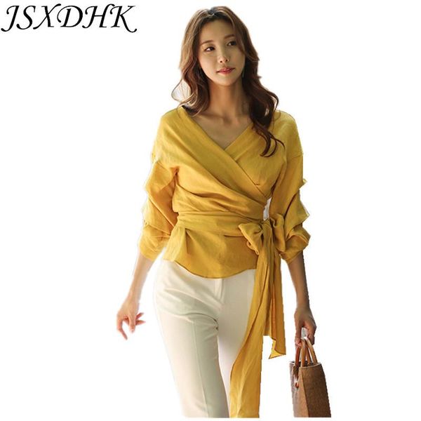 

women's blouses & shirts jsxdhk est fashion korean women blouse 2021 runway autumn yellow lantern sleeve lacing bowknot ladeis casual v, White