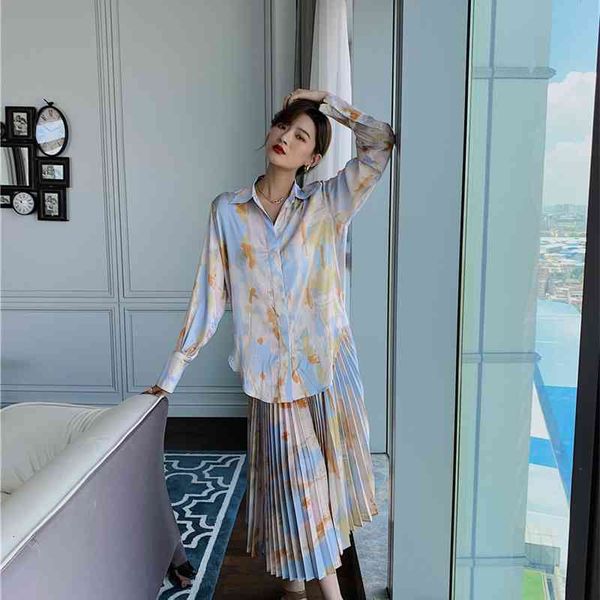 

women's two piece pants tie dye button up shirt for women long sleeve and blouses designer loose collared korean fashion clot, White