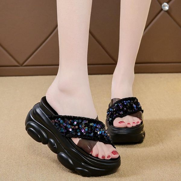

shoes woman 2021 slippers casual women heels pantofle glitter slides platform luxury high jelly flat crystal cotton fabric, Black