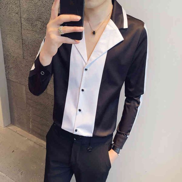 

men's casual shirts preto/branco simples manga longa emendado design camisas para roupas masculinas primavera nova magro ajuste cavalhe, White;black