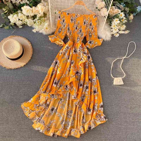 

summer new seaside holiday style floral long dress goddess slash neck high waist was thin irregular ruffled dress ml851 210325, Black;gray