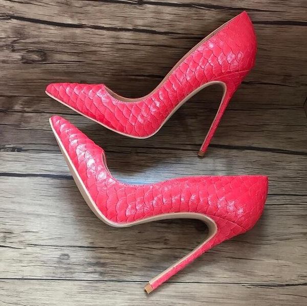 

red snake print leather shoe heel women pointed toe pumps 10cm slip-on stiletto woman wedding dress shoes drop ship, Black