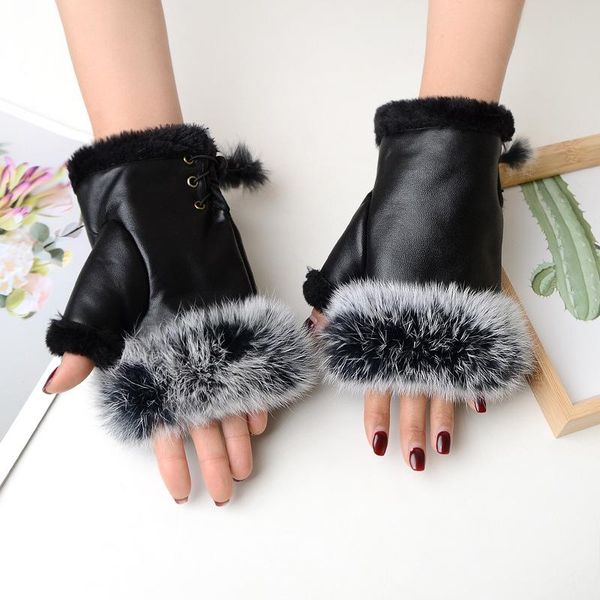 

five fingers gloves pu leather warm winter half finger woman touch screen women running girl, Blue;gray